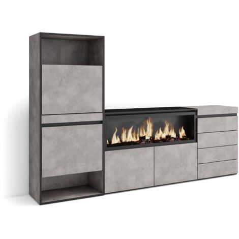 Skraut Home - Zapatero, Armario zapatos botas, 224x145x35 cm, Dormitorio, habitación, Chimenea eléctrica XXL, Cómoda, Cajonera, Estilo Moderno, Gris Cemento