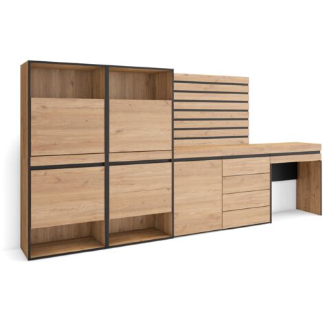 Skraut Home - Zapatero, Armario zapatos botas, 297x145x35 cm, Dormitorio, habitación, Cómoda, Cajonera, Listones Decorativos, Tocador, Estilo Moderno, Roble