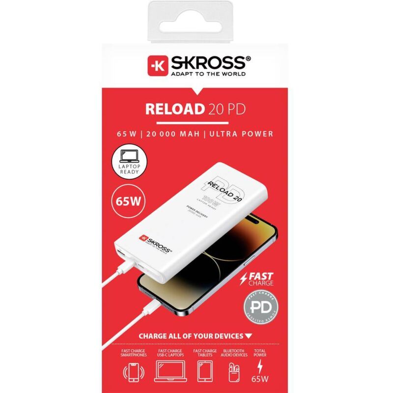 Skross Reload 20 65W PD Powerbank (batterie supplémentaire) 20000 mAh Power Delivery, Fast Charge Li-Ion USB-C® blanc