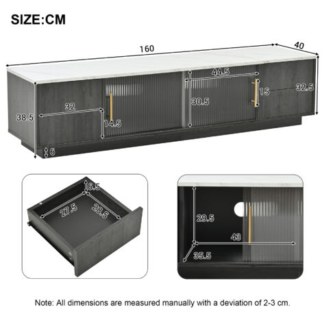 Sku 313165166AAZ)160 cm. Comptoir de cuisine de luxe pour téléviseur de 70”. Couleur gris élégante  surface du comptoir marquée à la pierre. Prise en charge des câbles. Tiroirs avec fonction de ouvert