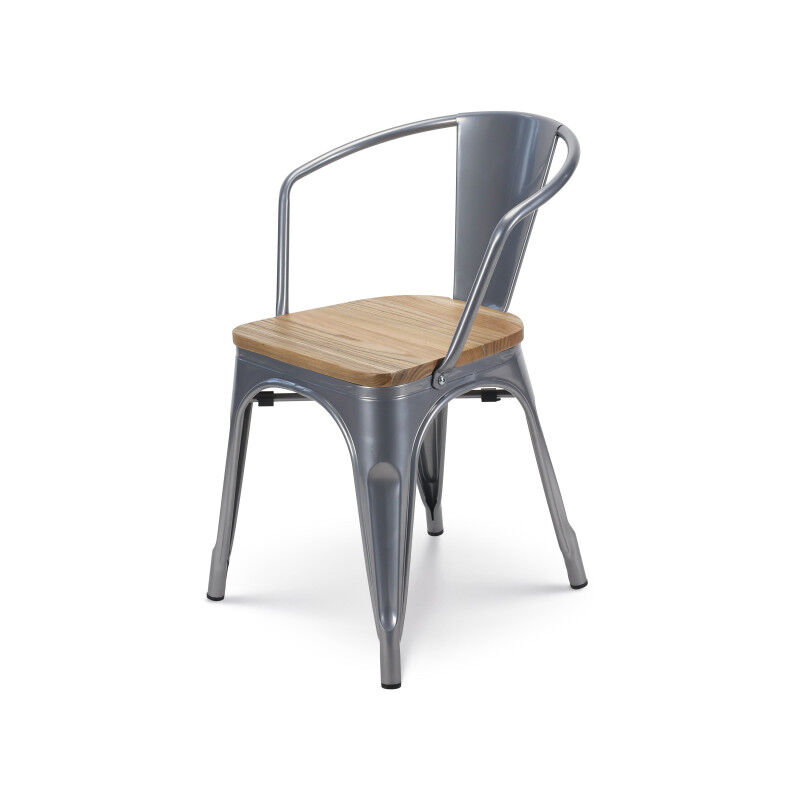 Kosmi - sku amz -- Chaise en métal silver style Industriel et assise en bois naturel clair - Avec accoudoirs
