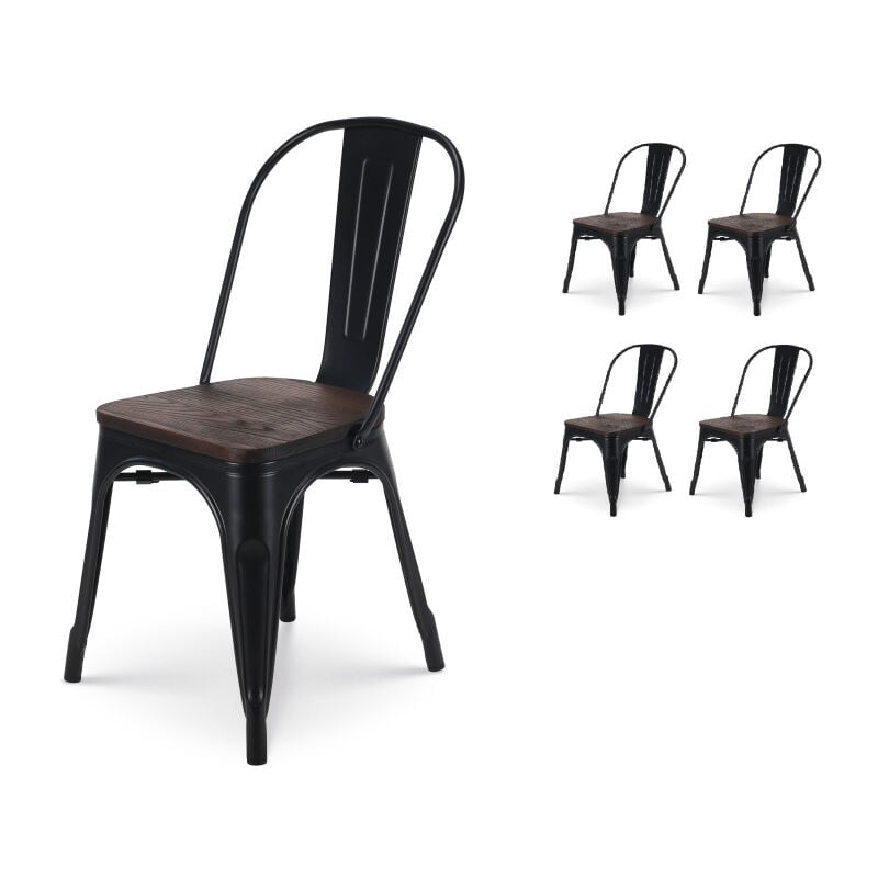 Kosmi - sku amz - Lot de 4 chaises en métal noir mat et assise en bois foncé - Style industriel