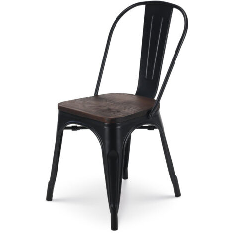 SKU AMZ - Sedia in Metallo Nero Opaco con Seduta in Legno Scuro - Stile Industriale