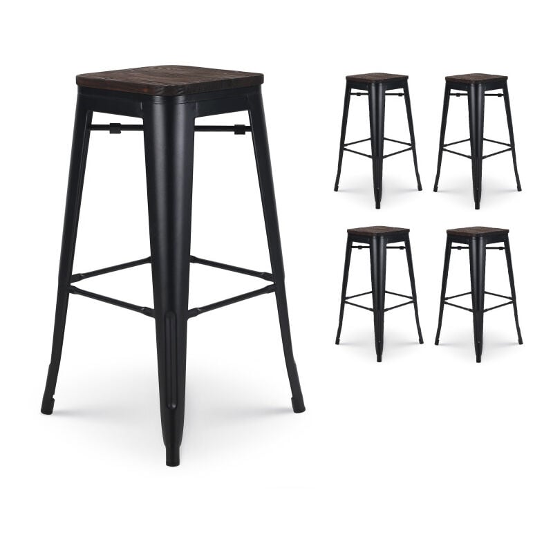 Kosmi - sku auc amz Lot de 4 tabourets de bar en métal noir mat style industriel et assise en bois foncé - Hauteur 76 cm