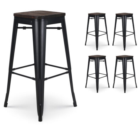 SKU AUC AMZ Set de 4 Taburetes de Barra de Metal Negro Mate en Estilo Industrial y Asiento de Madera Oscura - Altura 76 cm