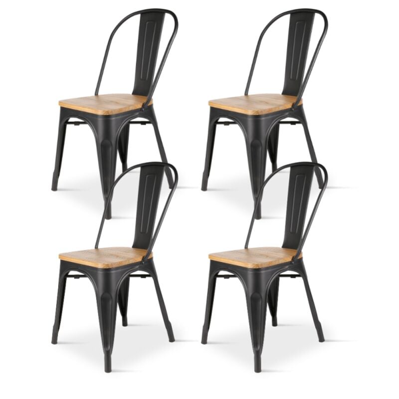 Kosmi - sku cdiscount Lot de 4 chaises en métal noir mat et assise en bois clair - Style industriel