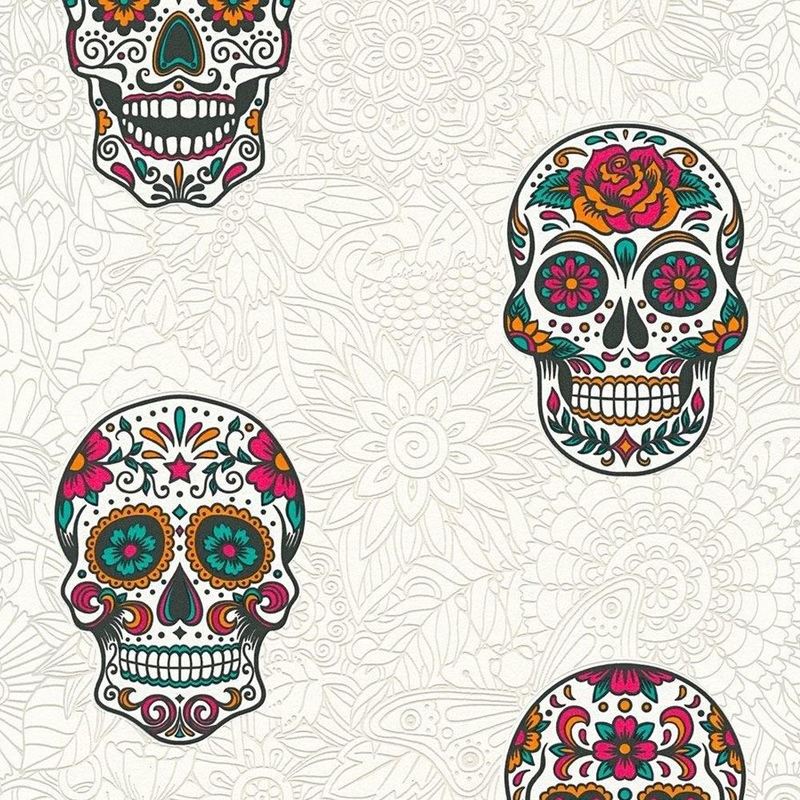 Skull Wallpaper Gothic Floral White & Multicoloured Textured Vinyl as Creation