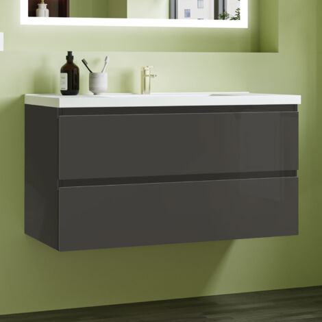 SKY Bathroom 100cm Anthracite Vanity Unit,2 Soft-Close Drawers & Dual Ceramic Basins,Wall-Mounted Modern Design,Space-Saving Storage