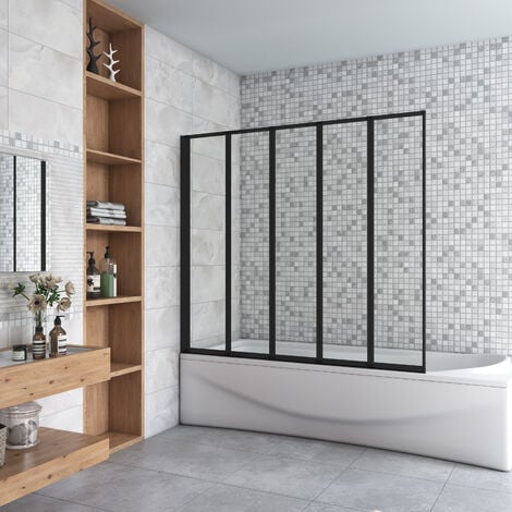 SKY Bathroom 1200x1400mm New Matt Black Framed 5 Folding Pivot Shower Bath Screen Panel