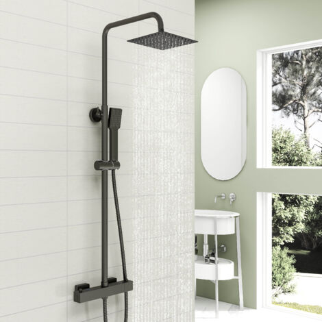 SKY Bathroom 200mm Black Square Wall-mount Rainfall Shower Head Set Thermostatic Bar