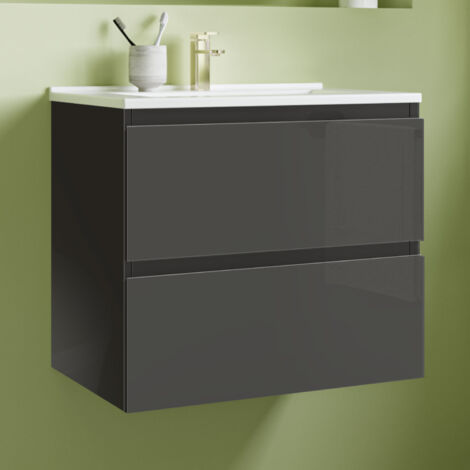 SKY Bathroom 60cm Anthracite Vanity Unit,2 Soft-Close Drawers & Ceramic Basins,Wall-Mounted Modern Design,Space-Saving Storage