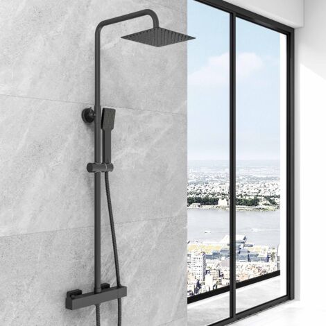SKY Bathroom Square Wall-mount Rainfall Shower Head Set Thermostatic Black