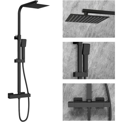 SKY Bathroom Thermostatic Exposed Shower Mixer Set Square Black Twin Head
