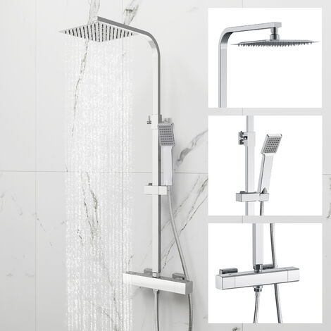 SKY Bathroom Thermostatic Mixer Shower Set Chrome Large Square Bar Exposed Valve Twin Head