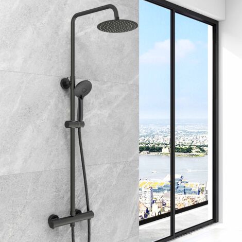 SKY Bathroom Thermostatic Shower Mixer Twin Head Set Round Exposed Valve Black