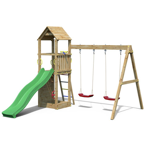 Sky High Hideout with Double Swing & Green Slide - Outdoor Play Set - Pressure Treated Wood - L524.8 x W398.2 x H210 cm