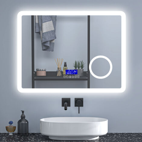 SKY Smart Bathroom Mirror with electronic clock & Bluetooth Speaker,Anti-Fog,3X Magnification,3 Colour LED Lighting,Memory Function,80×60cm