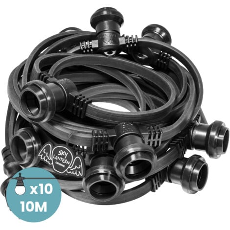 SKYLANTERN® Guirlande Guinguette Professionnelle 10m IP65 Noire Raccordable - Guirlande Lumineuse Exterieure 10 Bulbes pour ampoule E27 - Guirlande Guinguette Extérieure pour Jardin, Terrasses et Fête