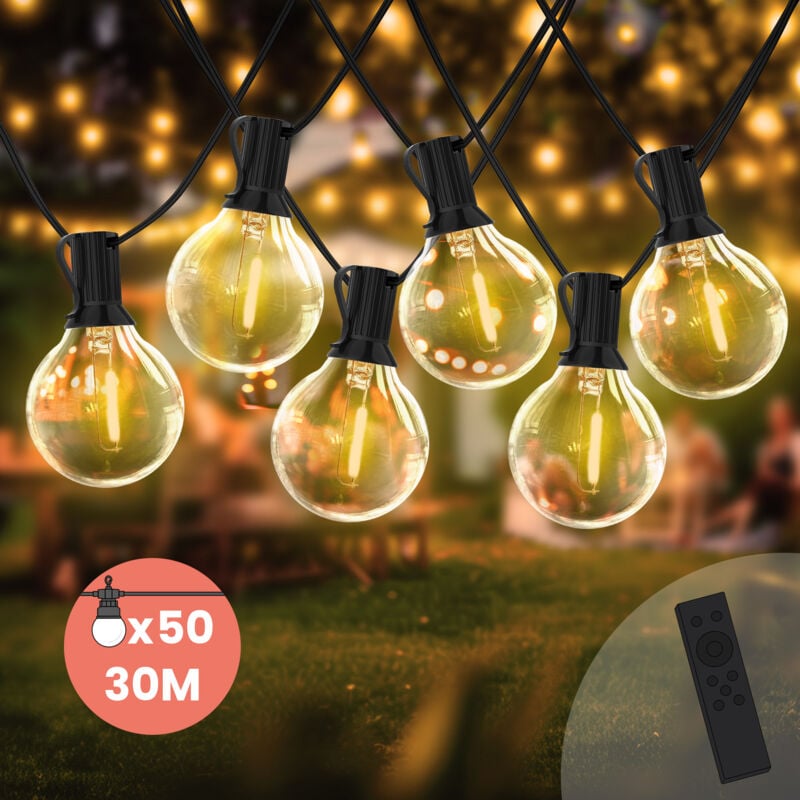 Guirlande Guinguette led 30M Loisirs, 50 Ampoules Dimmables, Guirlande Lumineuse Extérieur IP44 + Télécommande - Idéale pour Mariage,Terrasse et