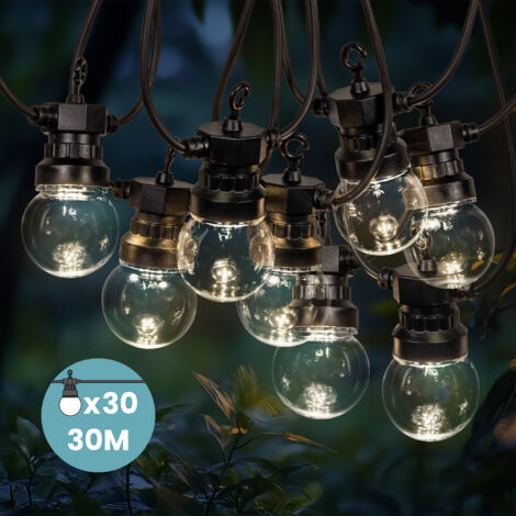 Skylantern – Guirlande lumineuse d'extérieur 30M – 30 bulbes LED blanc chaud – Transformateur IP44 avec 3M de câble – Pour événements en extérieur