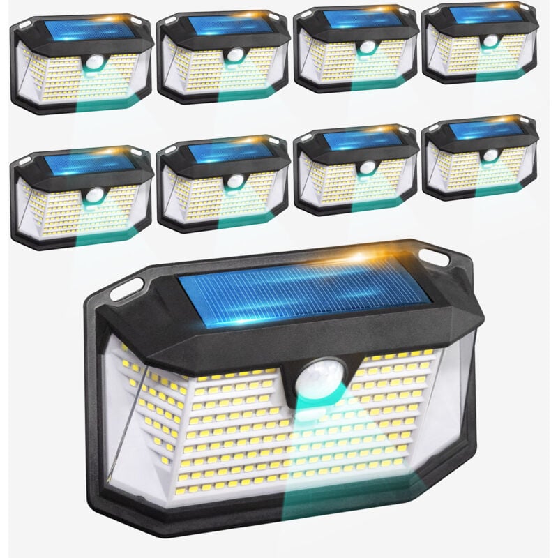 Skylantern - Lampe Solaire Exterieur à Détecteur de Mouvement en Lot de 8 - Applique Murale Exterieur Spot 202 led Haute Puissance 600 Lumens - Lampe