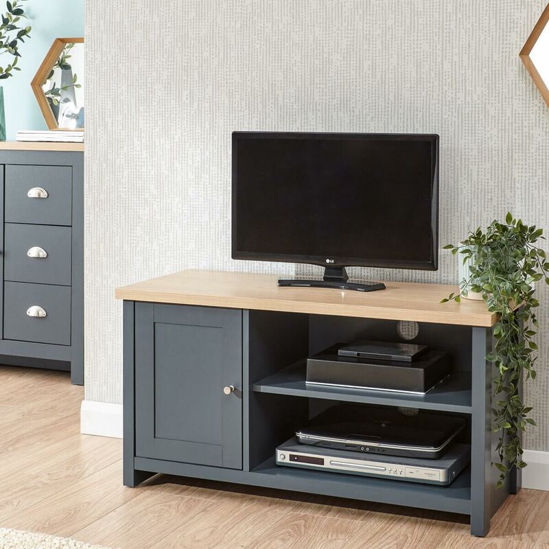 Slate Blue Oak Top tv Stand Two Tone 1 Door Cabinet Unit Open Shelf Cable Tidy - Blue