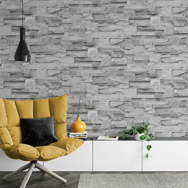 Ugepa - Slate Grey Realistic Stone Brick Wall Effect Textured Wallpaper Wall Faux