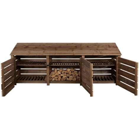 Slatted wooden log store with door and kindling shelf W-335cm, H-126cm, D-88cm - brown finish