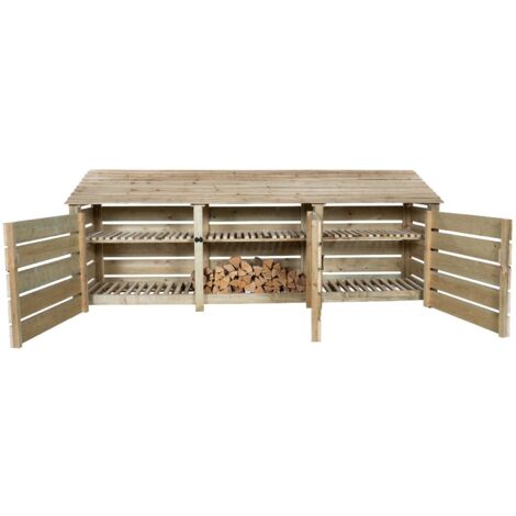 Slatted wooden log store with door and kindling shelf W-335cm, H-126cm, D-88cm - natural (light green) finish
