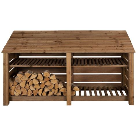 Slatted wooden log store with kindling shelf W-227cm, H-126cm, D-88cm - brown finish