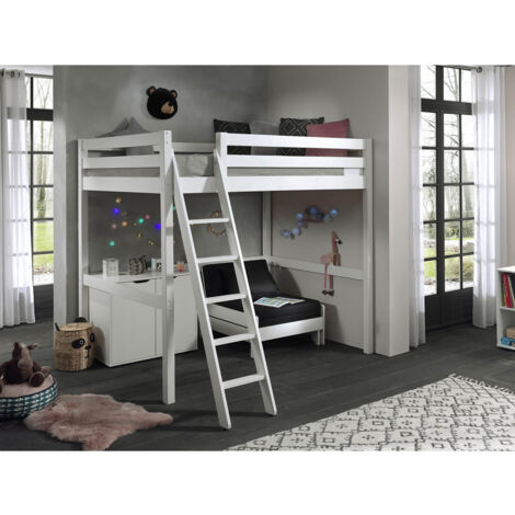 SLEEPY - Lit Mezzanine Blanc 140x200cm avec Fauteuil et Rangement