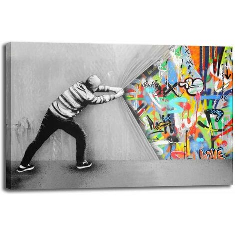 SL.GT Banksy Graffiti Toile Art Décor Behind the Curtain Graffiti Art Tableau Street Art Impression sur Toile Tableau(sans cadre,50x100cm)