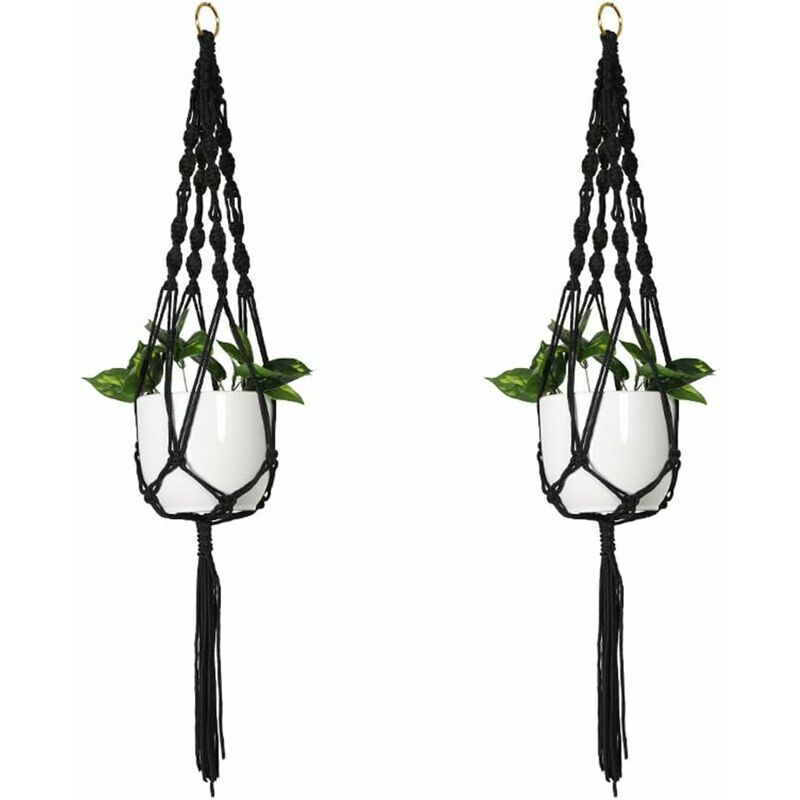 Lot de 2 suspensions en macramé de 105 cm pour pots de fleurs à suspendre avec pompons et corde en coton Noir