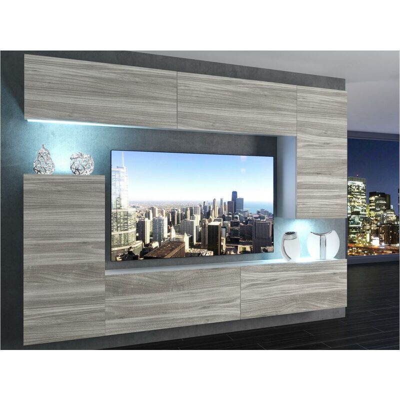 

SLIDE | Mueble TV + LED | Unidad de pared moderna | Ancho 250 cm | Colgante de pared para TV | Aspecto madera - Madera