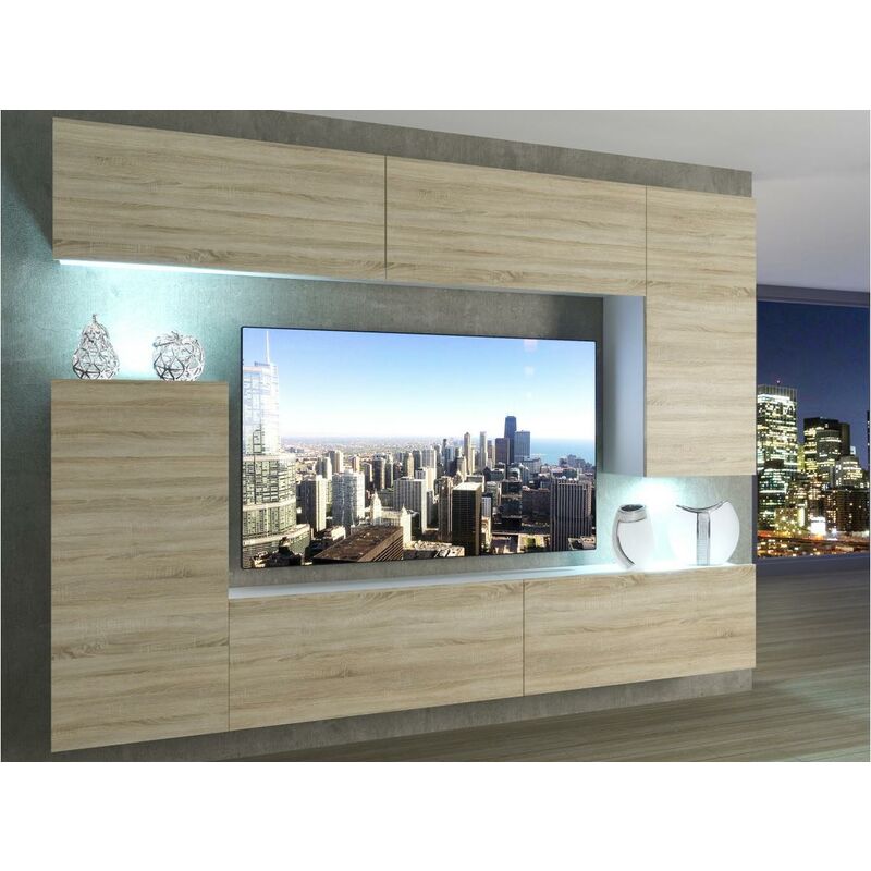 

SLIDE | Mueble TV + LED | Unidad de pared moderna | Ancho 250 cm | Colgante de pared para TV | Aspecto madera - Sonoma