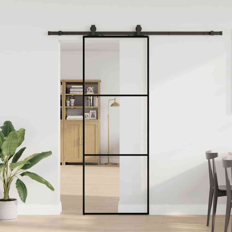 Vidaxl - Sliding Door With Hardware Set Black 76x205 Cm Esg Glass