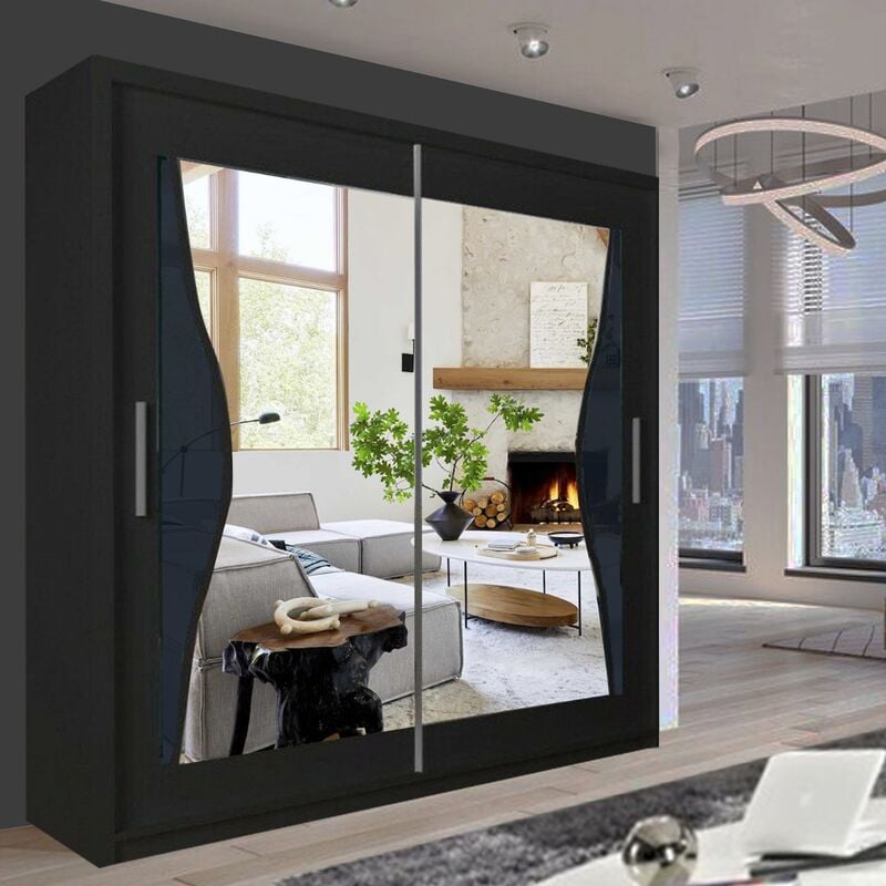 Glasgow Free Standing Sliding Mirror Door Wardrobe UK Black - 180cm