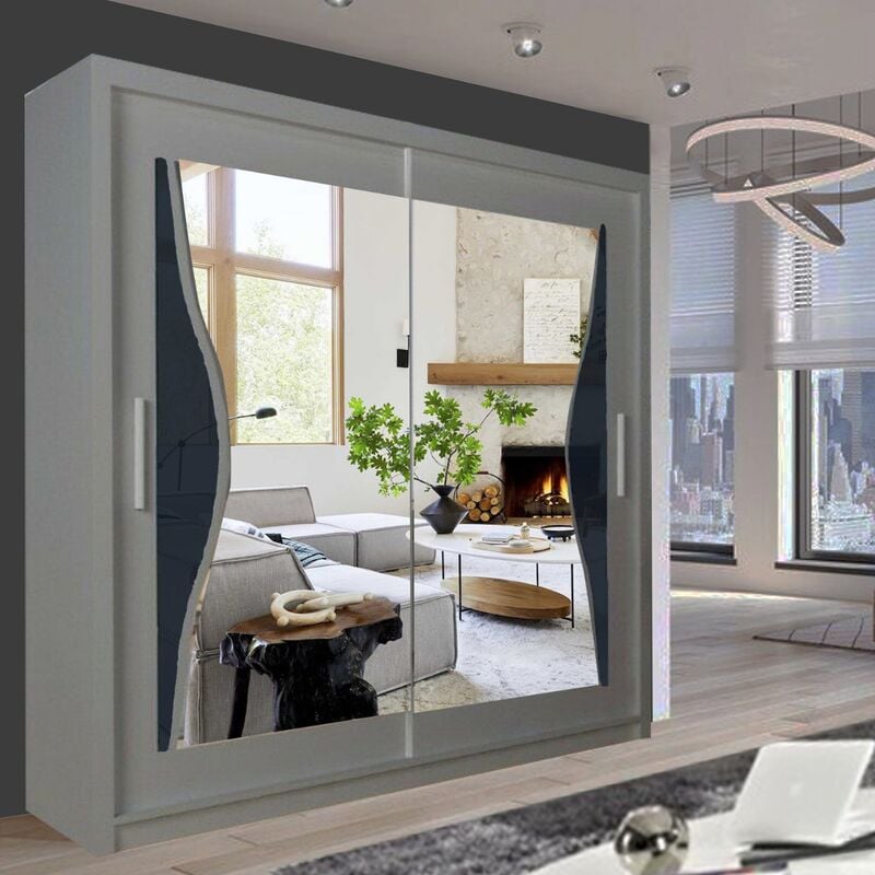 Glasgow Free Standing Sliding Mirror Door Wardrobe UK Grey - 180cm