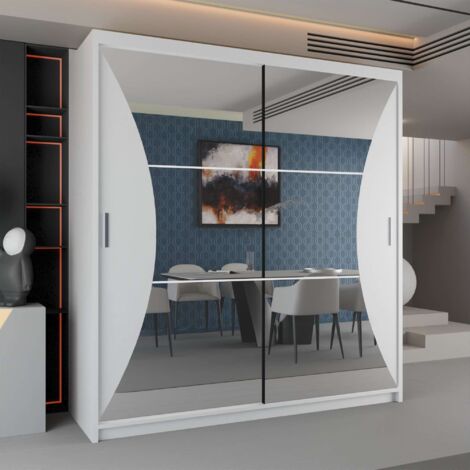 Sliding Wardrobes 4U Modern Curve Mirror Sliding Door Wardrobe with adjustable Shelves and Rails - White 203cm