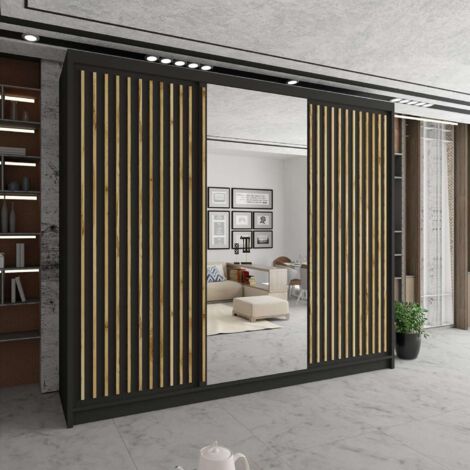 Sliding Wardrobes 4U Modern Sliding Mirror Wardrobe in Multiple Sizes & Colours - Black 250cm with Oak Strip
