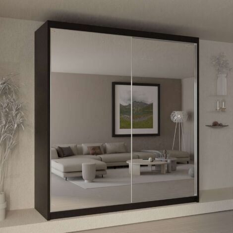 Sliding Wardrobes 4U Queen Full Mirror Sliding Wardrobe with Storage Shelves, Drawers & Rails - Black 150cm