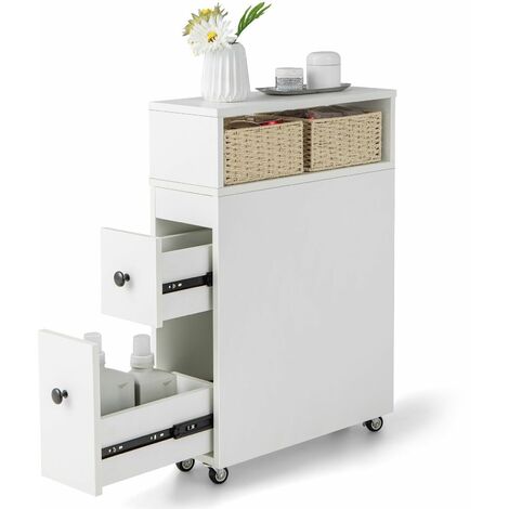 Slim Bathroom Storage Cabinet Narrow Rolling Storage Organizer w/ 2 Drawers