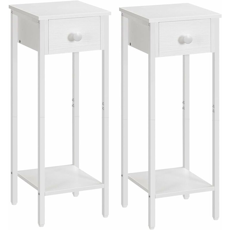 Slim Bedside Table, Set of 2, Tall Bedside Table with Drawer, Metal Frame, White Small Side Table, Telephone Table for Small Spaces, Narrow