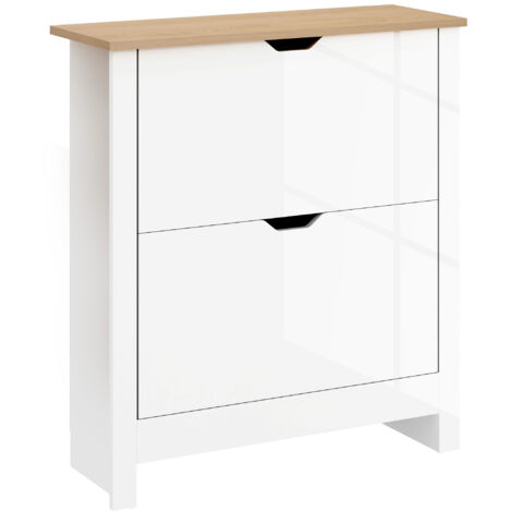 Slim Shoe Cabinet, Narrow Shoe Cupboard with 2 Flip Drawers, Adjustable Shelves for 12 Pairs of Shoes, High Gloss White