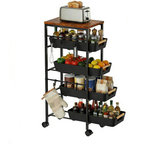 Slim Storage Trolley with Wheels, Metal Rolling Cart with Pull-Out Baskets & Wooden Top, Narrow Slide-Out Utility