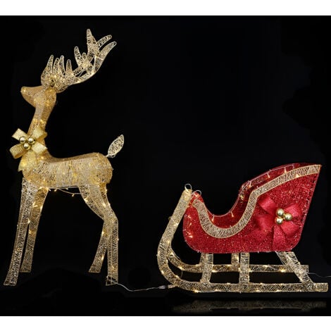 COSE DA CASA Slitta di Babbo Natale Rossa Oro con Renna Dorata grande 135 cm Illuminata con Luci LED Bianche Calde per interno o esternoiP44