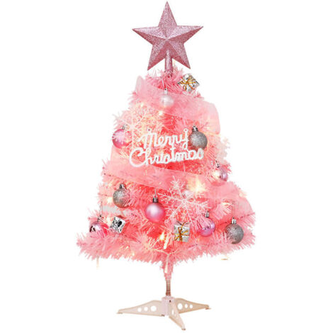 Small 60cm artificial pink Christmas tree with LED string lights and hanging decorations