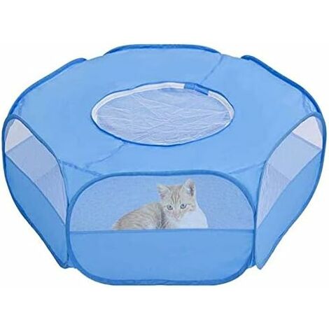 Small Animal Playpen with Cover - Blue - Foldable and Portable Cage - Waterproof - Breathable - for Rabbit, Squirrel, Kitten, Puppy, Chinchilla and Hedgehog