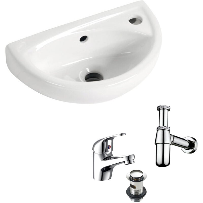 Small Compact Tiny Bathroom Cloakroom Basin Sink Wall Hung Curved with Tap & Bottle Trap
