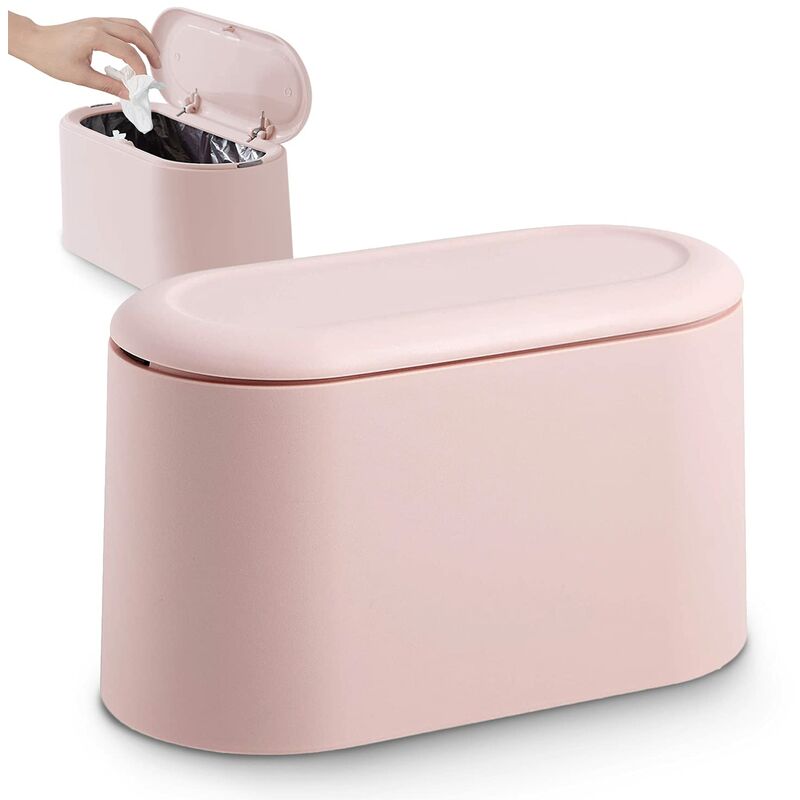 Small Desktop Garbage Can with Snap Lid for Office Bathroom Kitchen Bedroom Storage Pet Food (Pink)